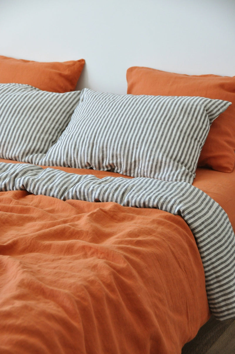 Double-sided burnt orange and white&gray stripe duvet cover