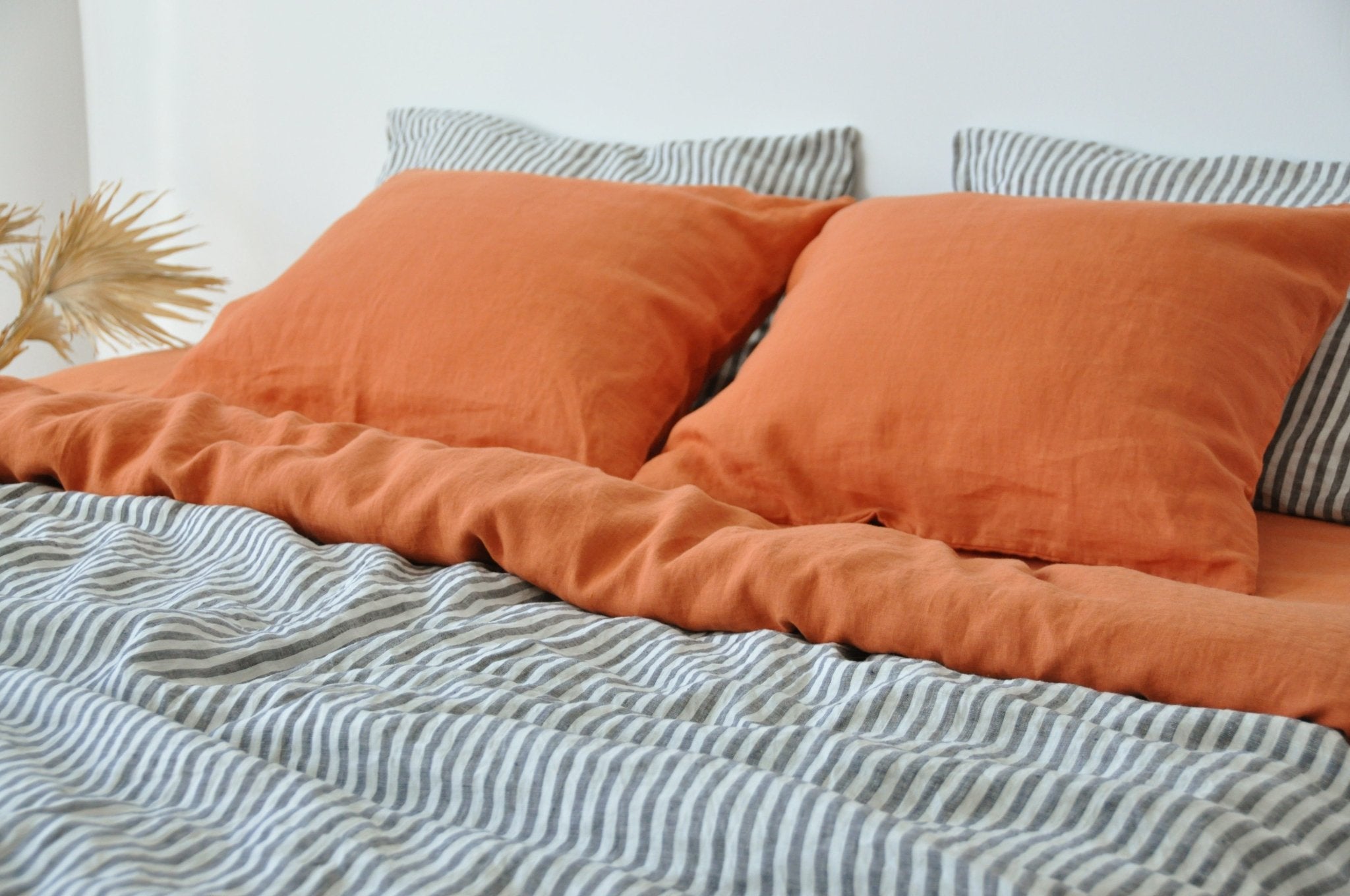 Doublesided burnt orange and white&gray stripe duvet cover True Things