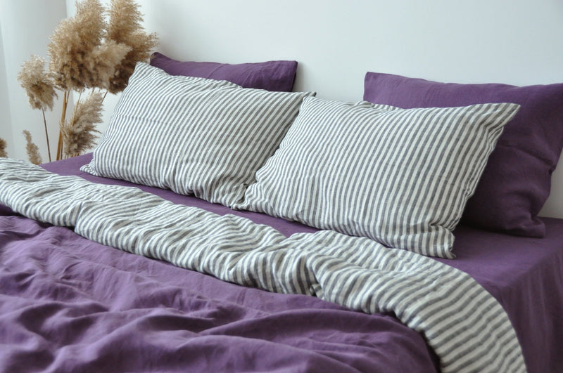 Double-sided deep purple and white&gray stripe duvet cover