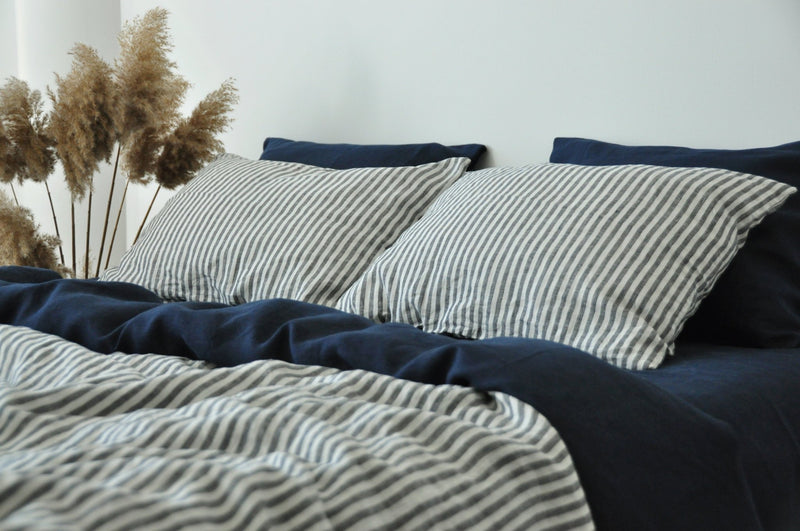 Double-sided navy and white&gray stripe duvet cover