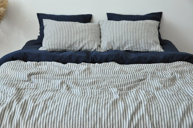 Double-sided navy and white&gray stripe duvet cover