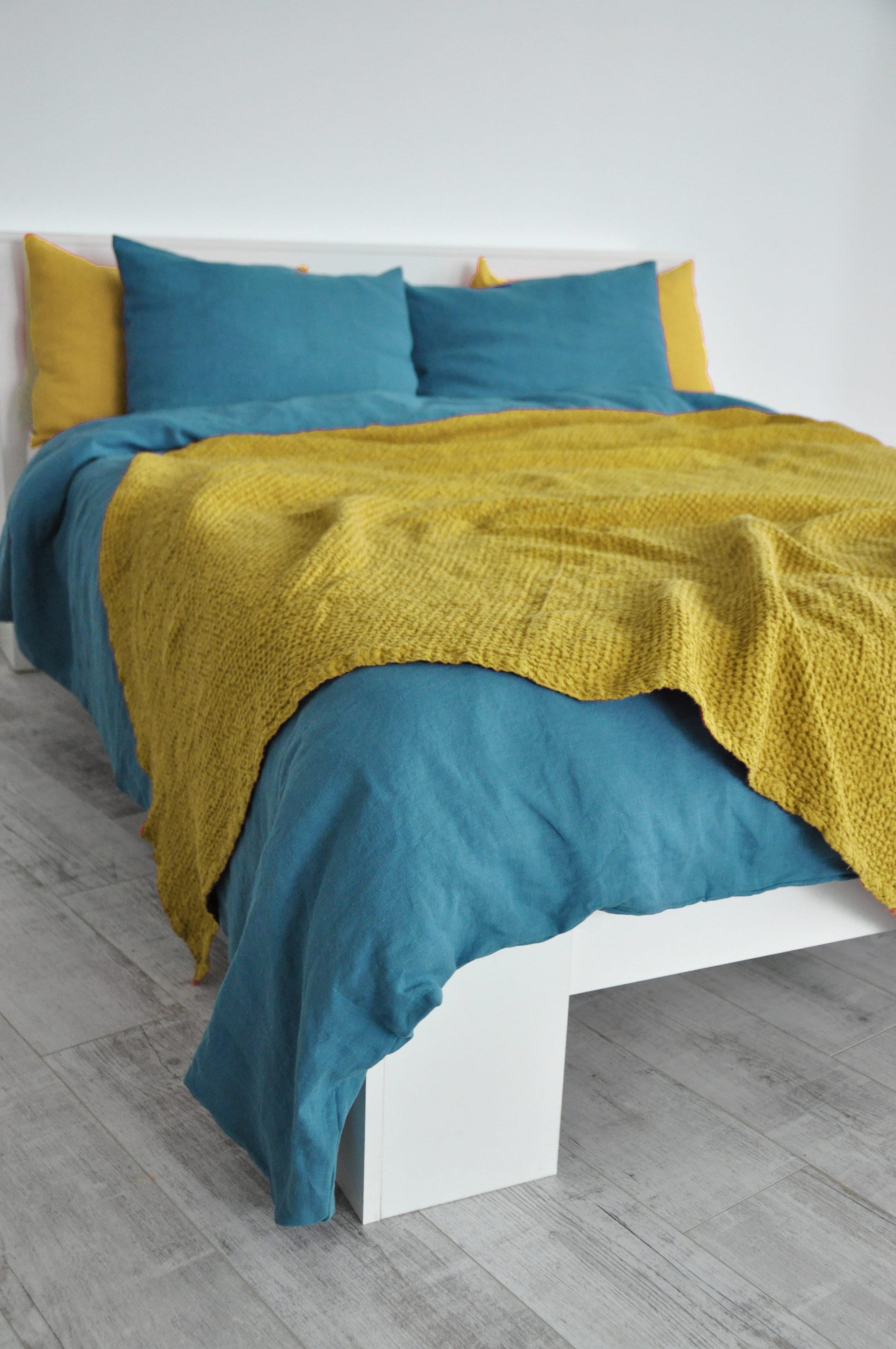Mustard waffle linen coverlet