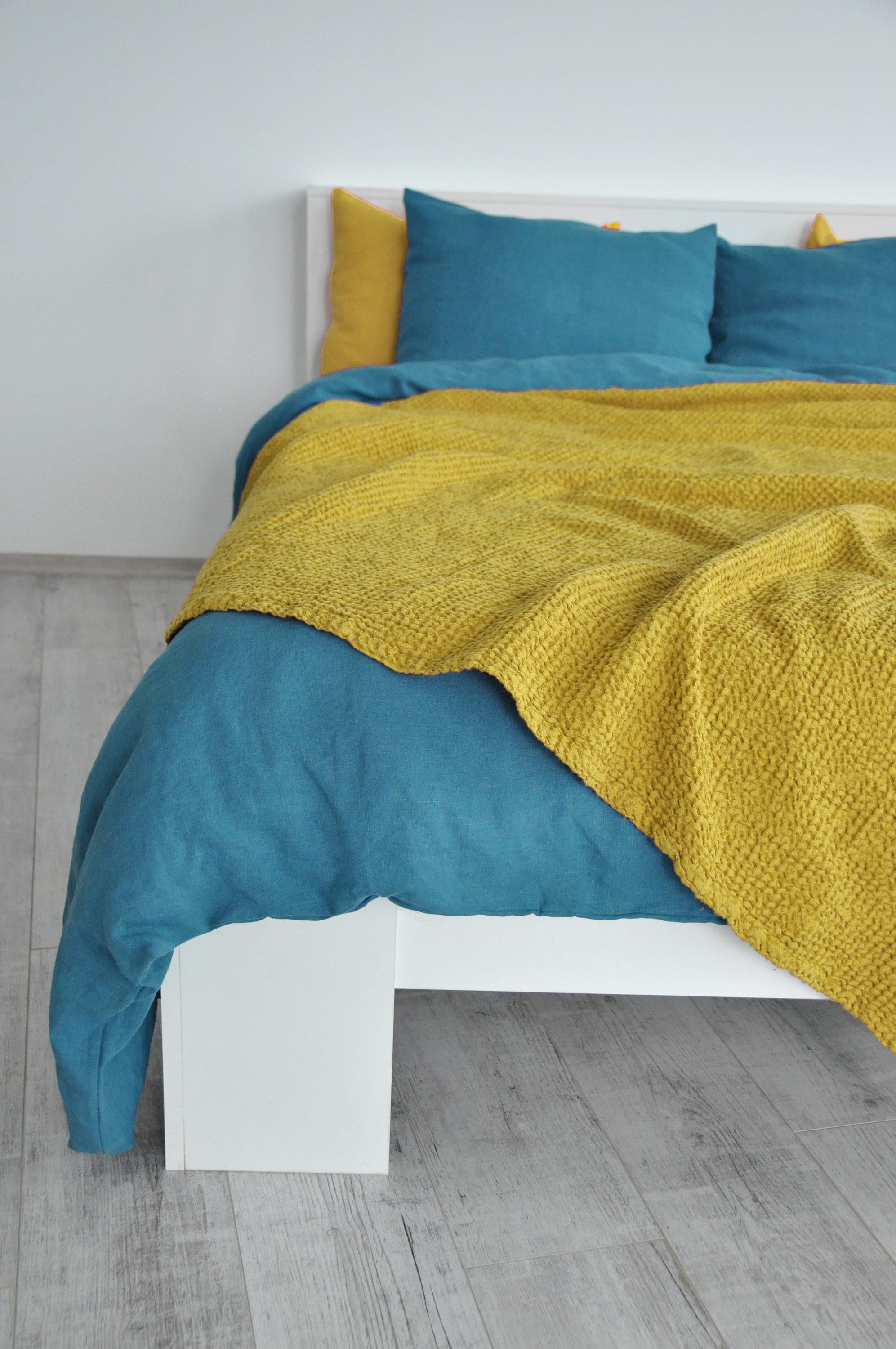 Mustard waffle linen coverlet