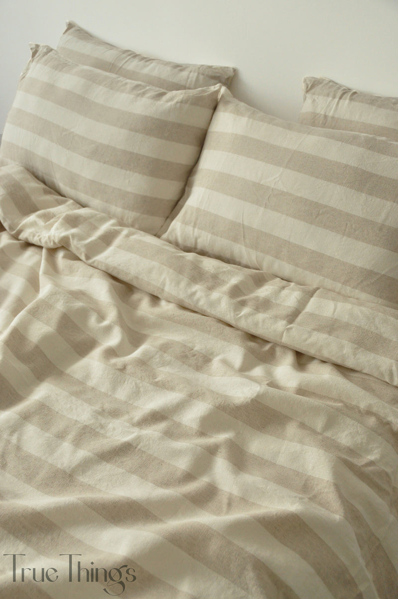 Beige striped linen pillowcase