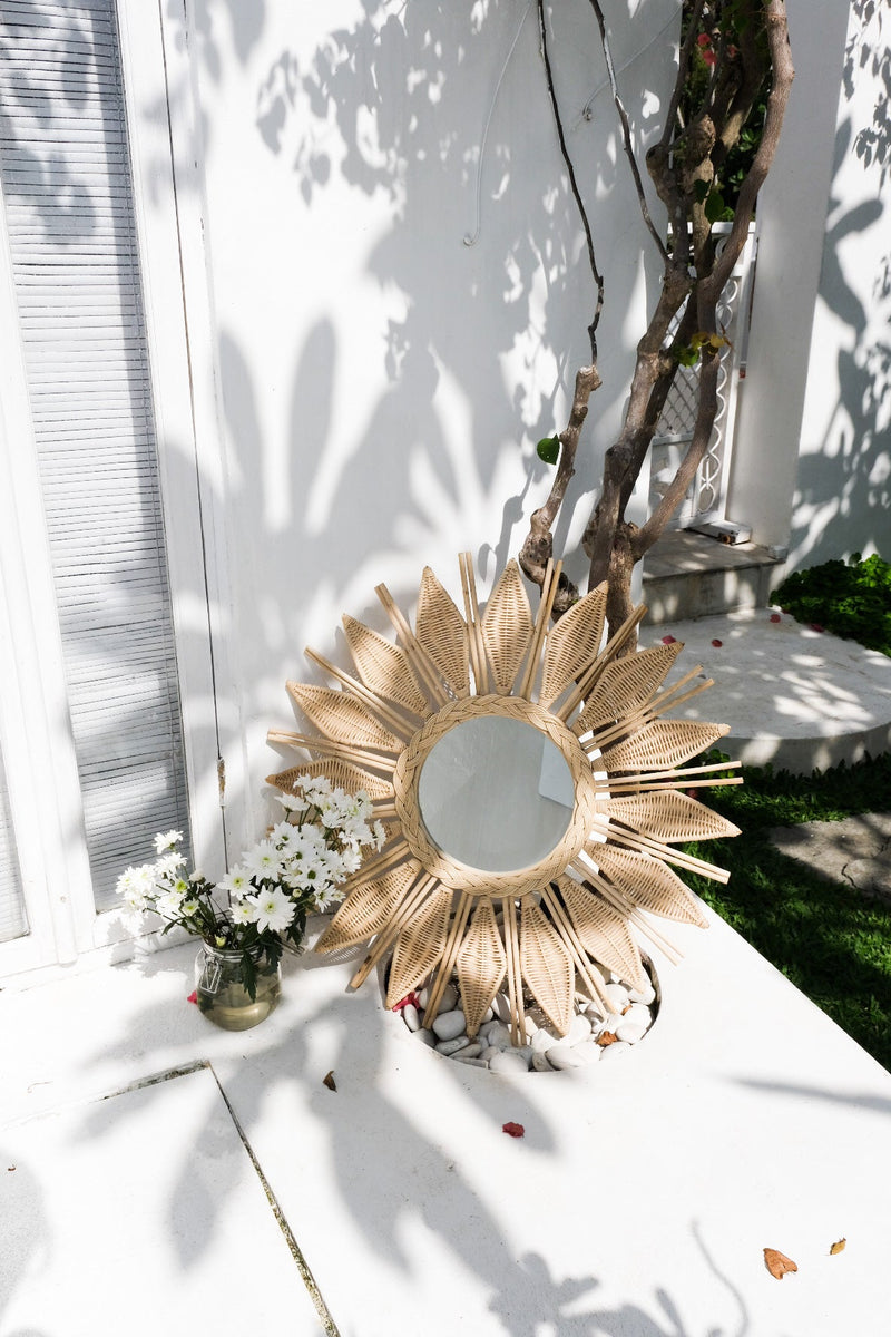 Large round rattan sunflower mirror