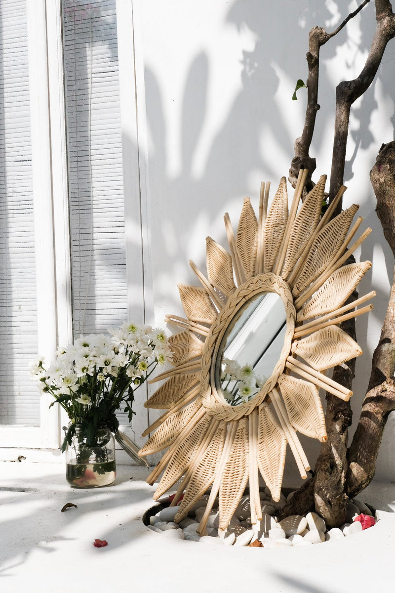 Large round rattan sunflower mirror