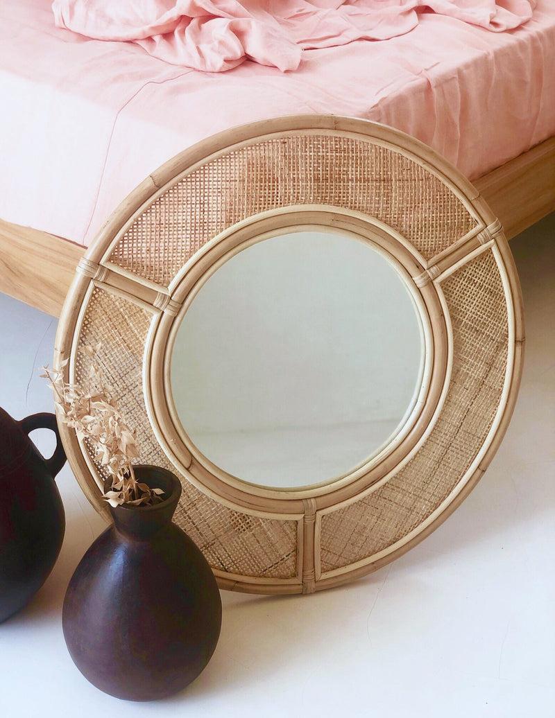 Large round rattan wicker mirror