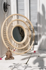 Large round rattan wicker mirror