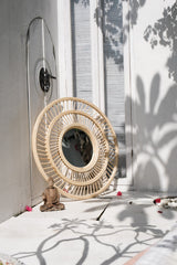 Large round rattan wicker mirror