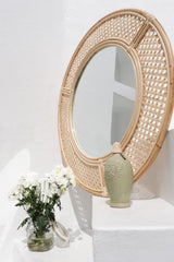 Large round rattan wicker mirror